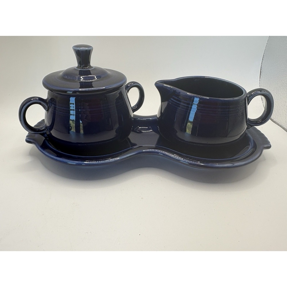 Fiesta Cobalt Blue Sugar Bowl Creamer Figure 8 Tray 4 Pc Retired P86
